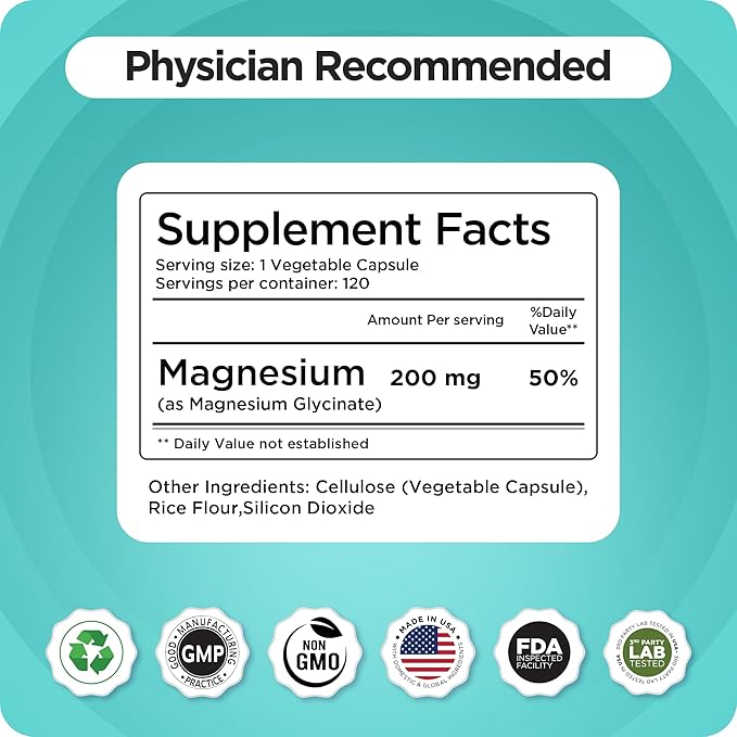Magnesium Bisglycinate 200mg - High Absorption Chelated Magnesium Supplement - Gentle on Stomach, Non-GMO, Gluten-Free, Supports Sleep, Muscle Cramps & Positive Mood - 120 Vegan Capsules