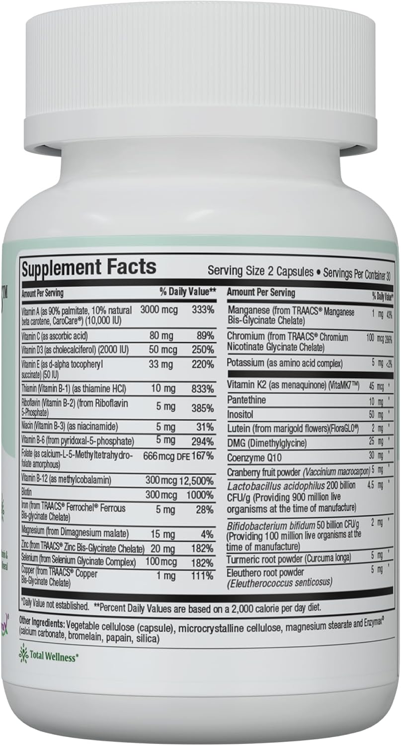 Maxi Health Multivitamin – Easy to Swallow Multi Vitamin Capsules with 30 Nutrients, Iron & Probiotics – Kosher Daily Multivitamins Small Capsules for Wellness Support & Digestive Ease (60 Units)