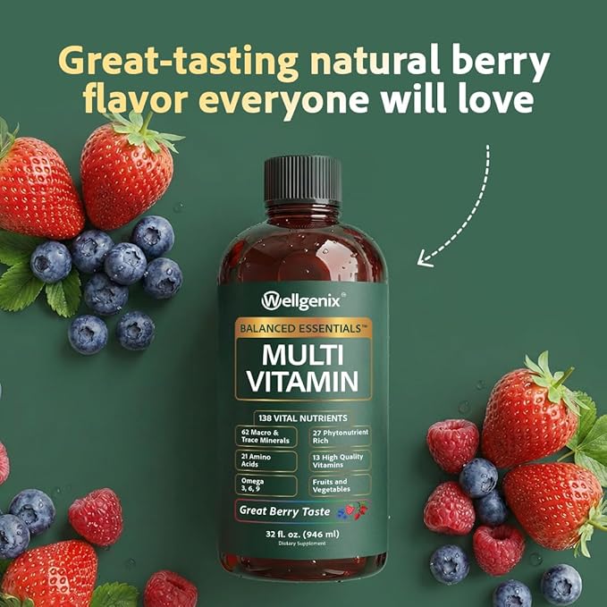 Wellgenix Balanced Essentials Plus New Formula - Complete Multivitamin Supplement - 1oz Daily - Immune Boosting & Overall Health - Adults, Kids, Toddlers - Berry Flavor 32oz (3) (Packaging May Vary)