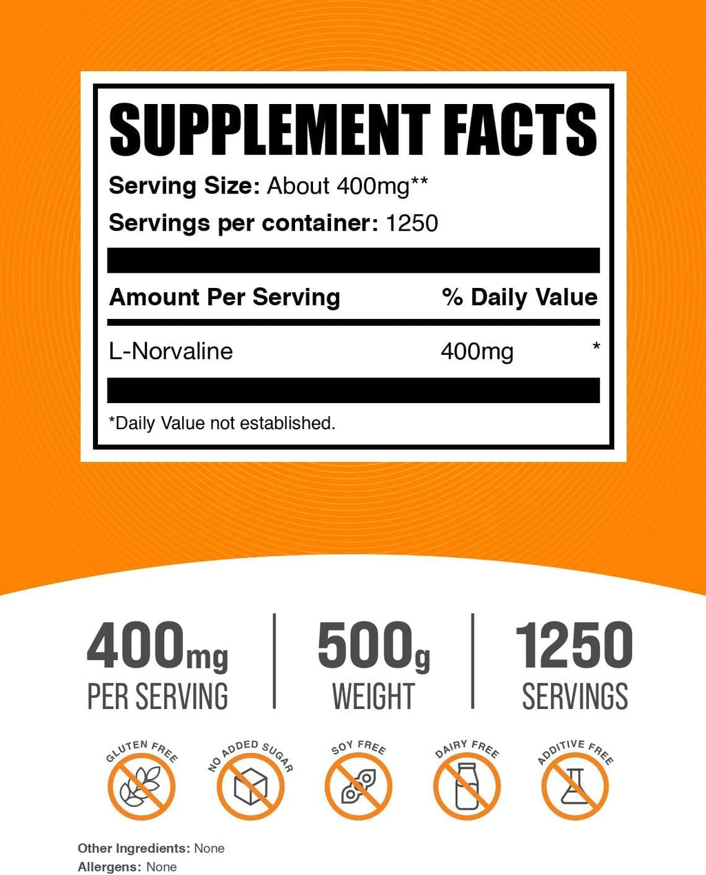 BulkSupplements.com L-Norvaline Powder - L-Norvaline Supplement, Nitric Oxide Supplement, Amino Acid - Gluten Free, 400mg per Serving, 500g (1.1 lbs) (Pack of 1)