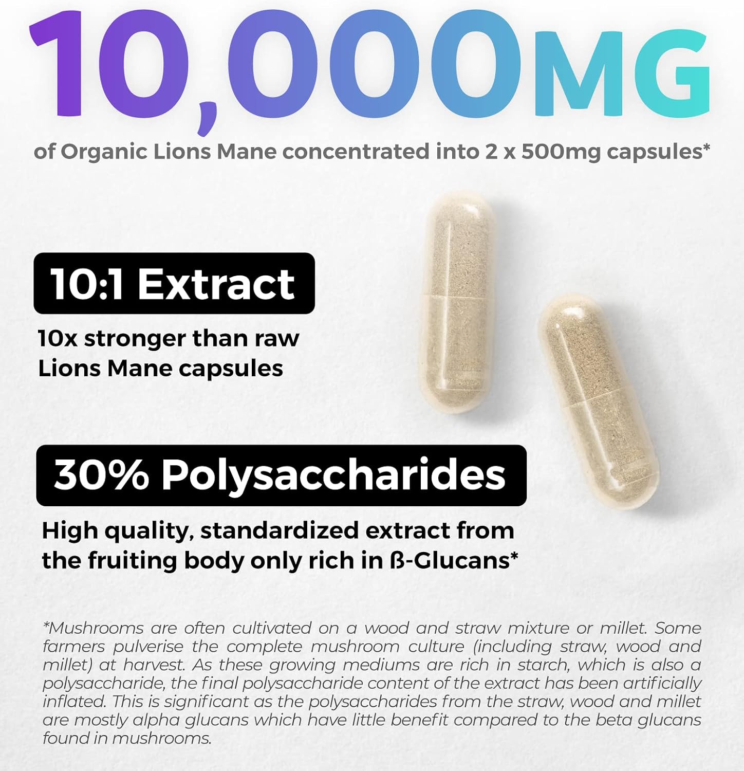 Organic Lions Mane Supplement Capsules - USDA Organic Mushroom Supplement Capsules with 1000mg Lion's Mane 10:1 Extract per Serving with 30% Polysaccharides - Vegan & Non-GMO (1 Month Supply)