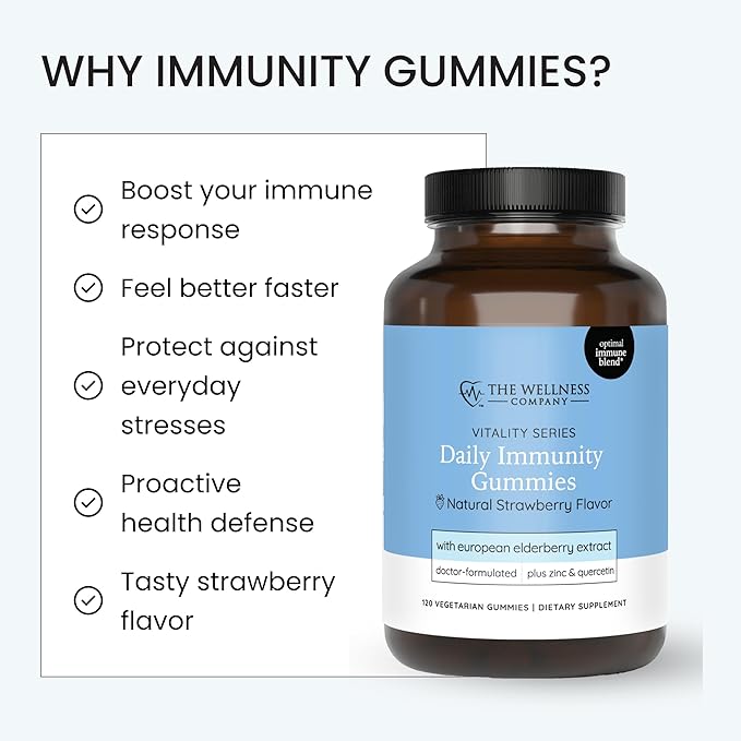 The Wellness Company Daily Immunity Gummies – Delicious Immune Boost - Elderberry, Zinc, Quercetin, Vitamins C & D | 120ct (2 Month Supply)