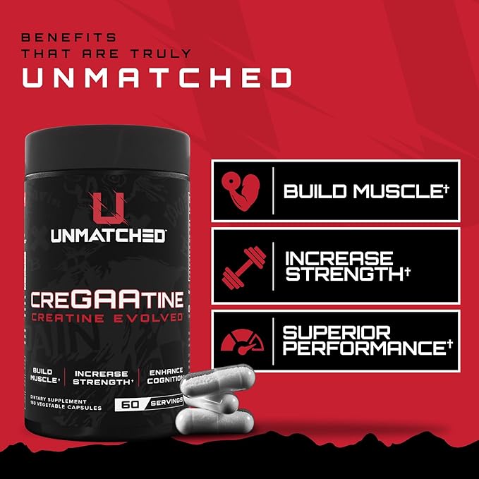 Unmatched CreGAAtine Optimized Creatine | Creatine Monohydrate + GAA (Guanidinoacetic Acid) | Muscle Build, Strength, Recovery | 180 Capsules, 60 Servings (Unflavored)