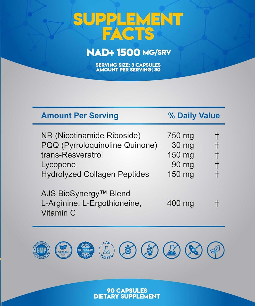 AJS NAD+ Cellular Energy – NR Supplement with PQQ, Resveratrol, Lycopene, Spermidine, L-Ergothioneine, and Collagen Peptides – 90 Capsules for Cellular Support