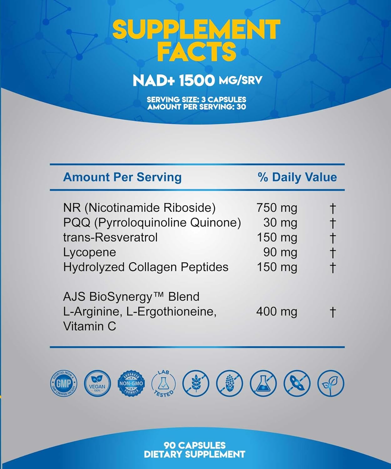 AJS NAD+ Cellular Energy – NR Supplement with PQQ, Resveratrol, Lycopene, Spermidine, L-Ergothioneine, and Collagen Peptides – 90 Capsules for Cellular Support