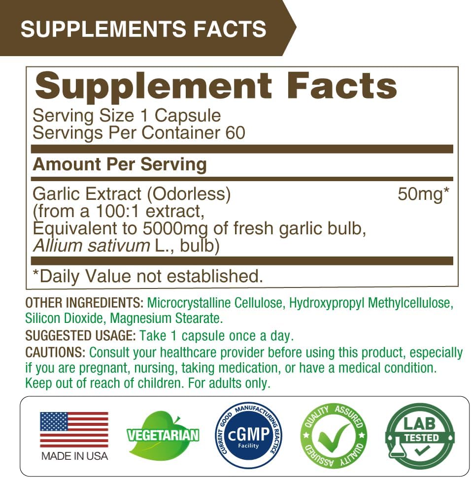 LOVITA Odorless Garlic Capsules, 5000mg Fresh Garlic Equivalent, 1.25% Allicin Extract, Supports Heart, Blood Pressure, Cholesterol & Immune System, Non-GMO, Gluten-Free, 60 Vegan Capsules
