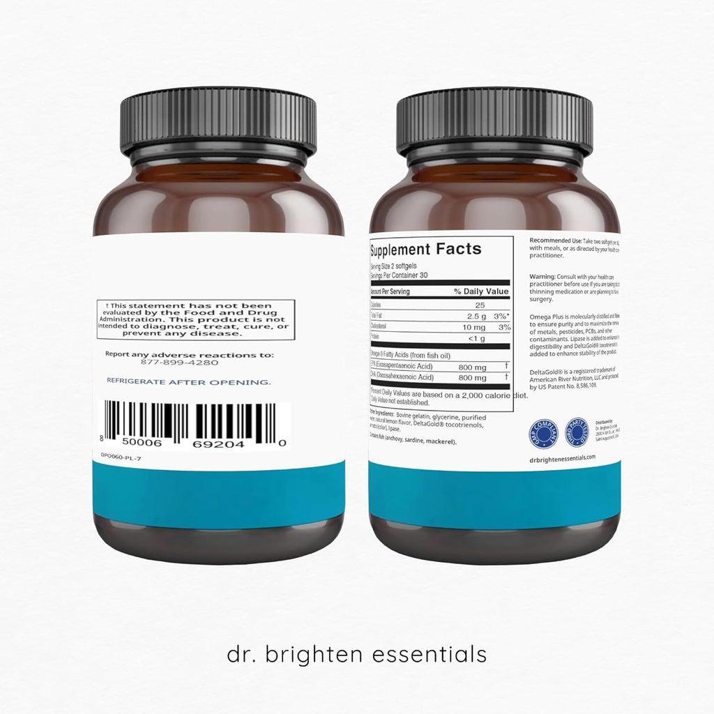 Dr. Brighten Omega Plus — 1600 mg of EPA/DHA Non-GMO Fish Oil Supplement for Heart, Brain, and Immune System — 60 Softgels