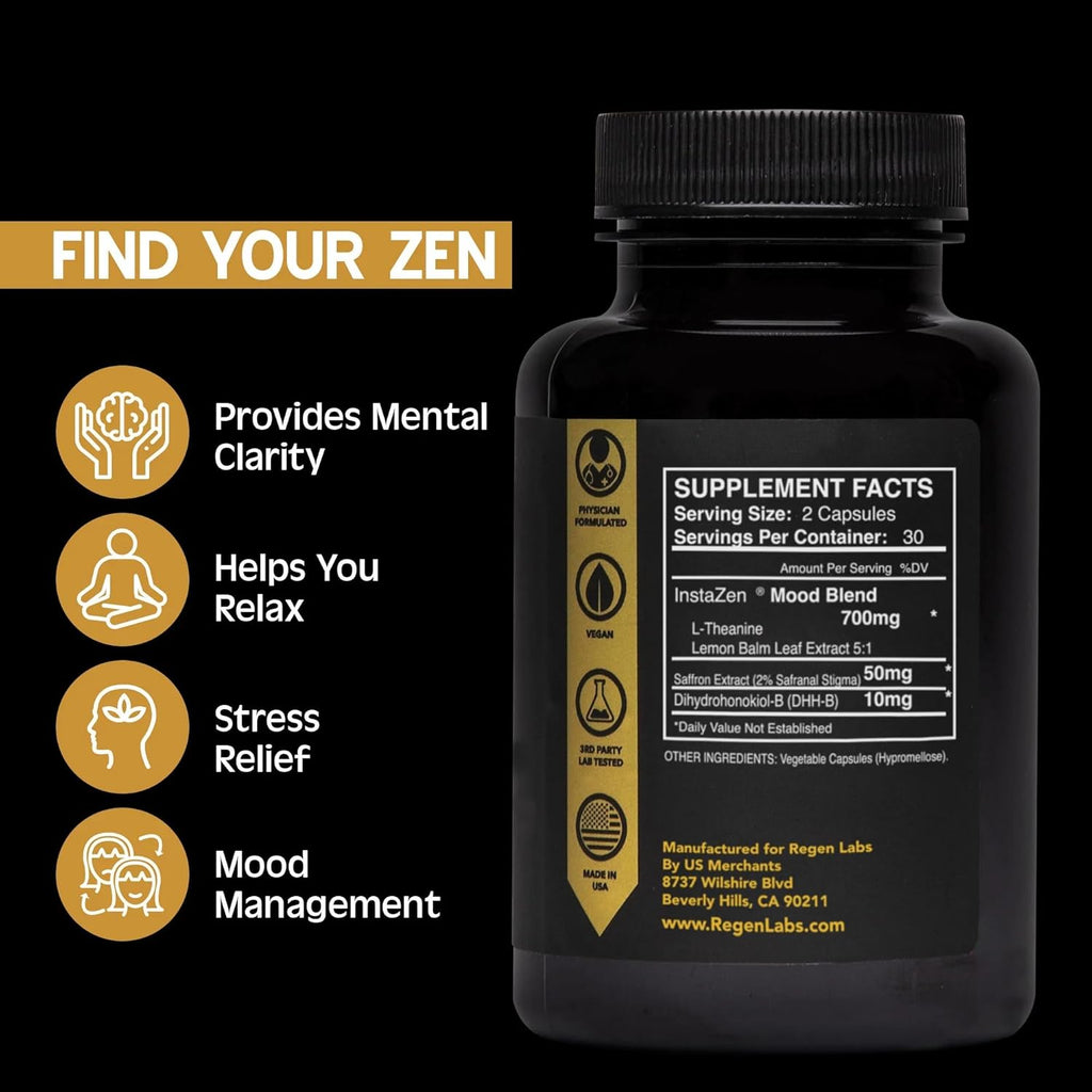 InstaZen Natural Stress Relief Supplement – Mood Support with Doctor Approved Herbal Calm Formula with DHHB, Safranal Extract, L Theanine, & Lemon Balm Extract | Stress & Energy Support - 60 Capsules