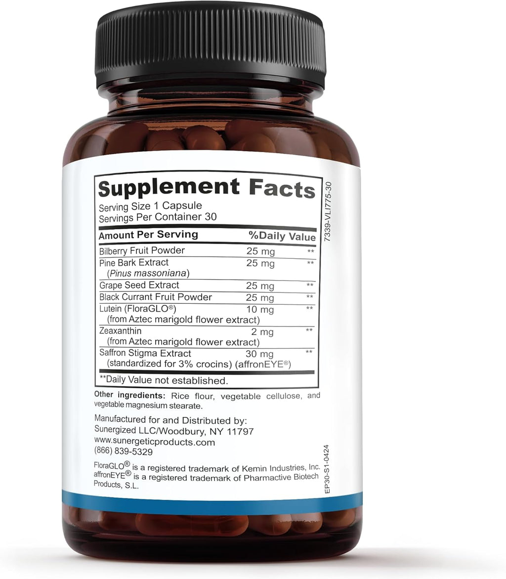Sunergetic Premium Eye Pressure Support Supplement - Eye Pressure Supplement with Saffron, Lutein, Zeaxanthin, Bilberry & Pine Bark - Supports Ocular Health & Overall Vision - 30 Count