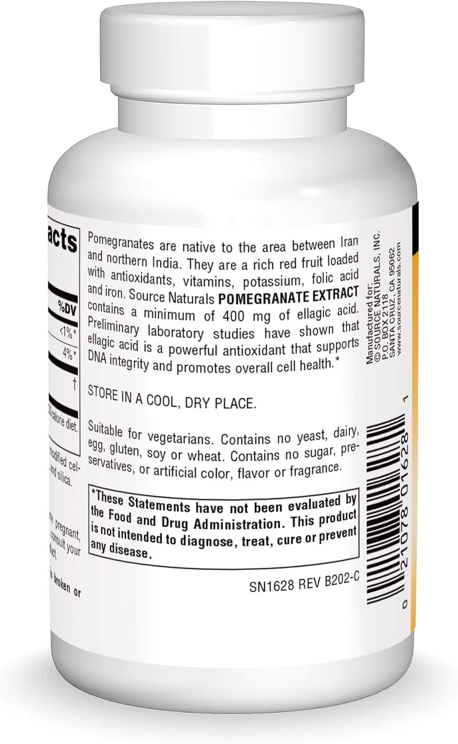 Source Naturals Pomegranate Extract 500mg Complete Whole Fruit Ellagic Acid Antioxidant & Added Fiber - 120 Tablets