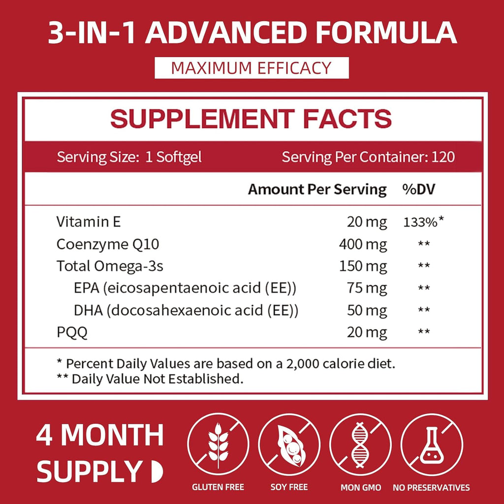 CoQ10-400mg-Softgels with PQQ & Omega 3, Maximum Absorption Coenzyme Q10, Powerful Antioxidant for Heart Health & Energy Production, 120 Count, Non-GMO