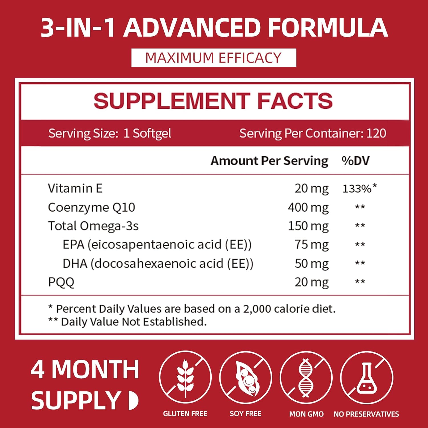 CoQ10-400mg-Softgels with PQQ & Omega 3, Maximum Absorption Coenzyme Q10, Powerful Antioxidant for Heart Health & Energy Production, 120 Count, Non-GMO