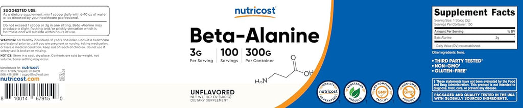 Nutricost Beta Alanine Powder 300 Grams (10.7oz) - 3 Grams Per Serving