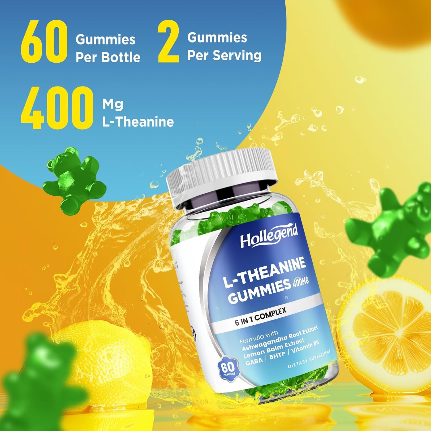 L-Theanine Gummies, l'theanine 400mg with Ashwagandha, GABA, 5HTP,L-Theanine Chewable Supplement for Relax, Zzz & Focus Support, Vegan, Lemon Flavor, 120 Counts