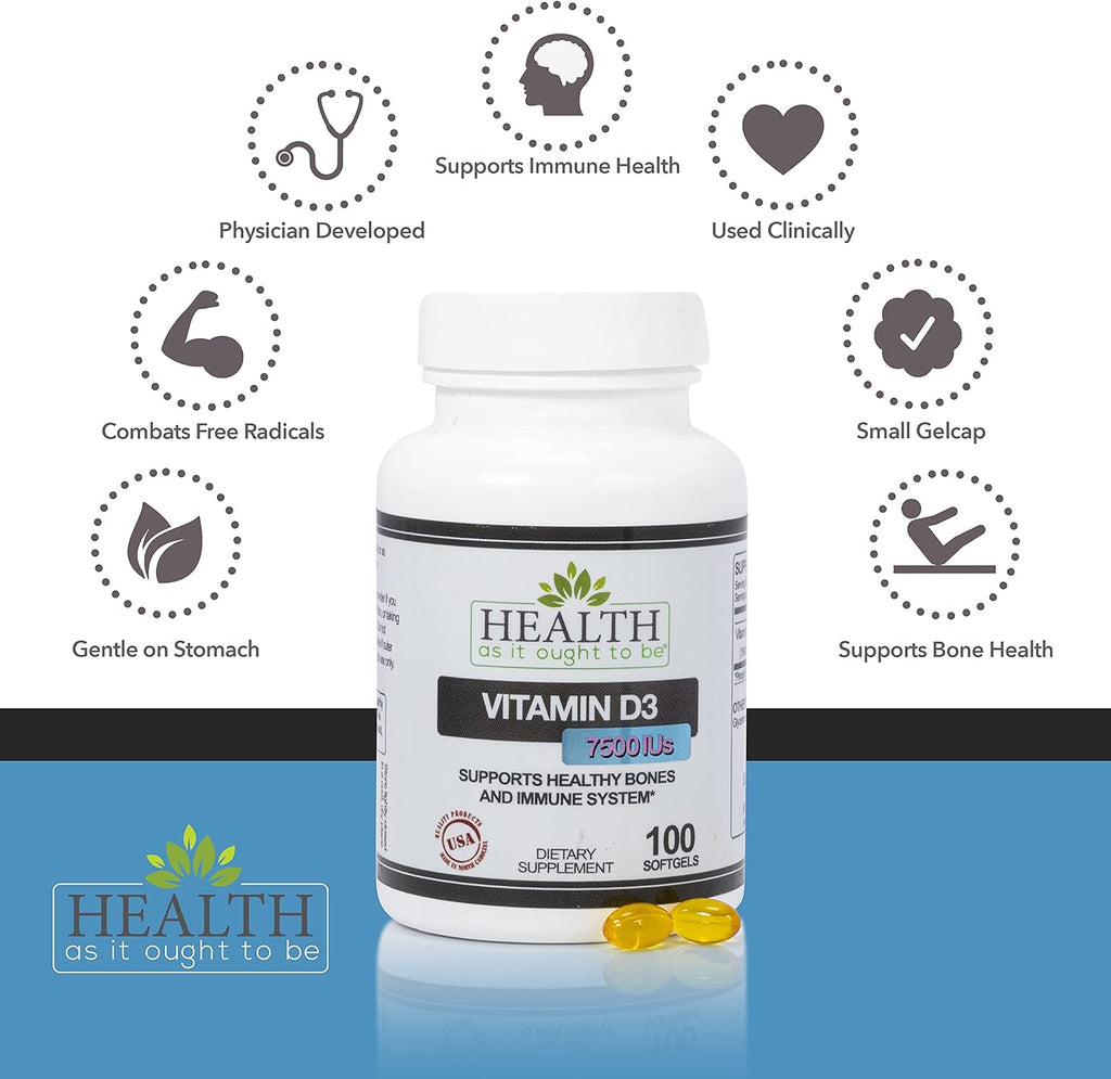 Health As It Ought To Be Vitamin D|3 7500 IUs Supplement | Physician Formulated Supports Healthy Bones & Immune System | 100 Softgels