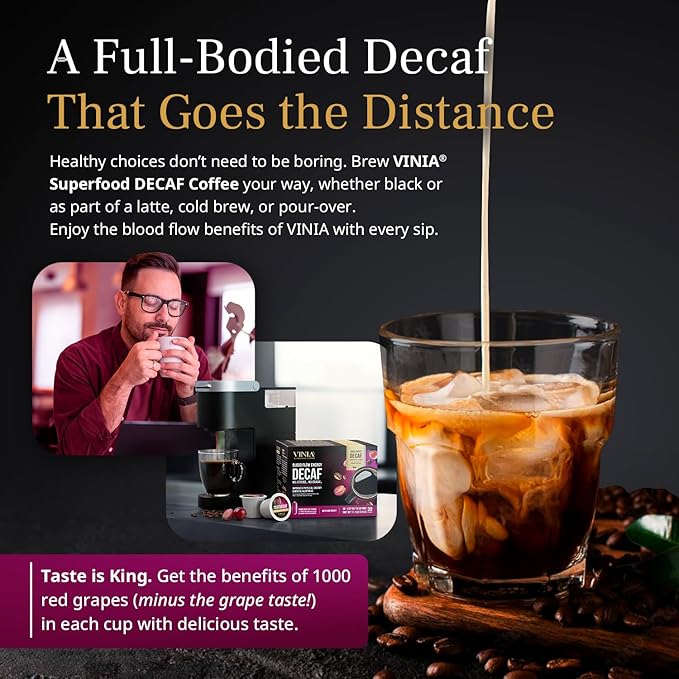 VINIA Decaf Medium Dark Roast with Red Grape Piceid Resveratrol, Nitric Oxide for Heart Health, Alertness, Physical Energy & Blood Flow Circulation. 60ct K-Cup Pods