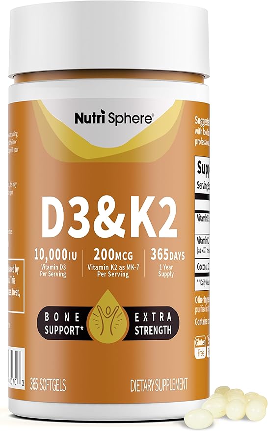 NutriSphere Vitamin D3 & K2 (MK-7) - 10,000 IU + 200 mcg Supplement D&K, Easy to Swallow, Supports Calcium Absorption - 365 Softgels (1 Year Supply)