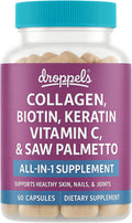 Droppels Collagen Capsules – Advanced Collagen + Biotin + Keratin + Vitamin C – Hair, Skin, Nails & Joints Support – 60 Count Dietary Supplement