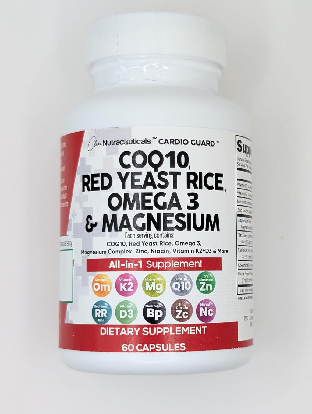 Clean Nutraceuticals COQ10 200mg Red Yeast Rice Omega 3 Magnesium Complex 500mg Niacin Zinc Vitamin K2 D3 - Heart Support Vitamins for Women & Men w/Vitamin B3, Coenzyme Q10-60 Ct
