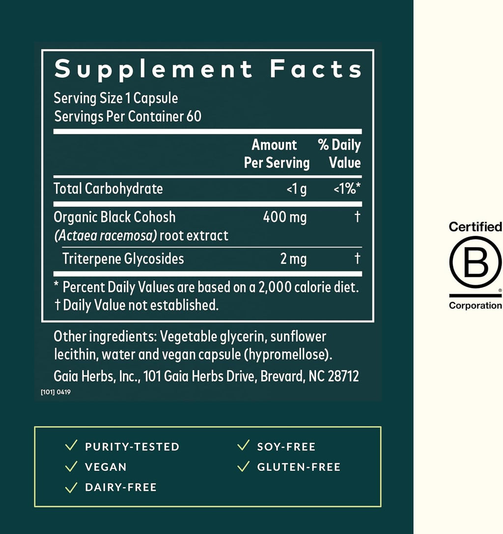 Gaia Herbs Black Cohosh - Menopause Support Supplement to Help Maintain Hormone Balance and Health for Women - with Organic Black Cohosh - 60 Vegan Liquid Phyto-Capsules (30-Day Supply)