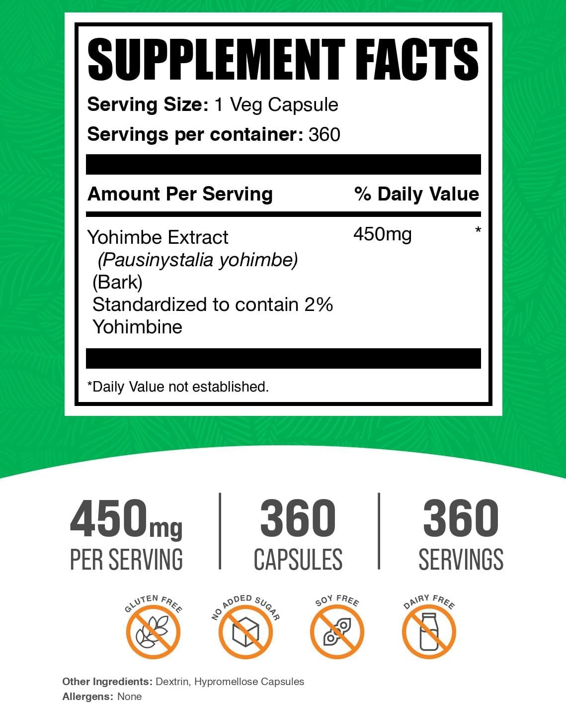 BulkSupplements.com Yohimbe Extract Capsules - Yohimbe Bark Extract, Yohimbe Supplements, Herbal Supplement - Gluten Free, 1 Veg Capsule per Serving, 360 Capsules (Pack of 1)