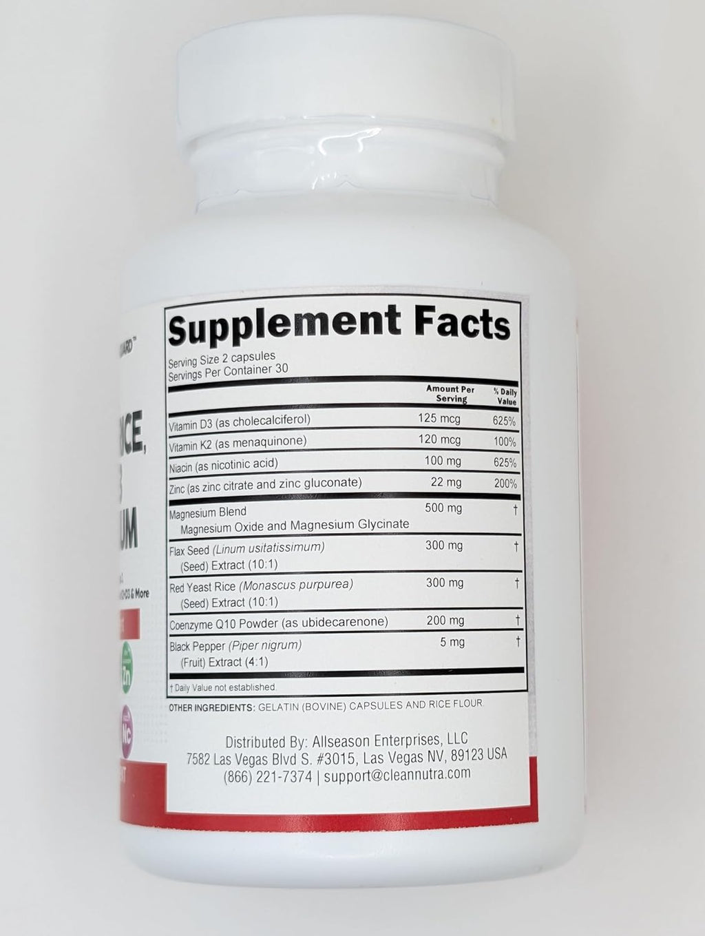 Clean Nutraceuticals COQ10 200mg Red Yeast Rice Omega 3 Magnesium Complex 500mg Niacin Zinc Vitamin K2 D3 - Heart Support Vitamins for Women & Men w/Vitamin B3, Coenzyme Q10-60 Ct