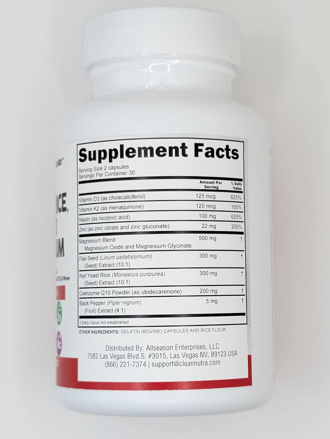 Clean Nutraceuticals COQ10 200mg Red Yeast Rice Omega 3 Magnesium Complex 500mg Niacin Zinc Vitamin K2 D3 - Heart Support Vitamins for Women & Men w/Vitamin B3, Coenzyme Q10-60 Ct