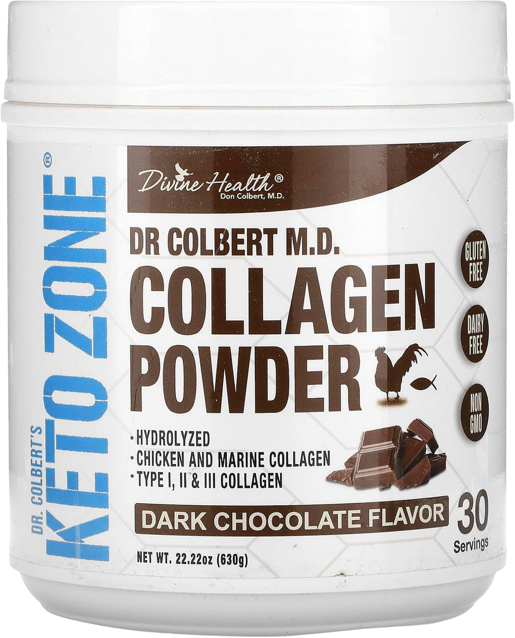Dr. Colbert, MD Hydrolyzed Collagen Powder | Chocolate Flavor | by Divine Health | Type I, II, III Chicken & Marine Collagen | Keto Zone | Support Hair, Skin, Nails & Joints | 630g | 30 Servings