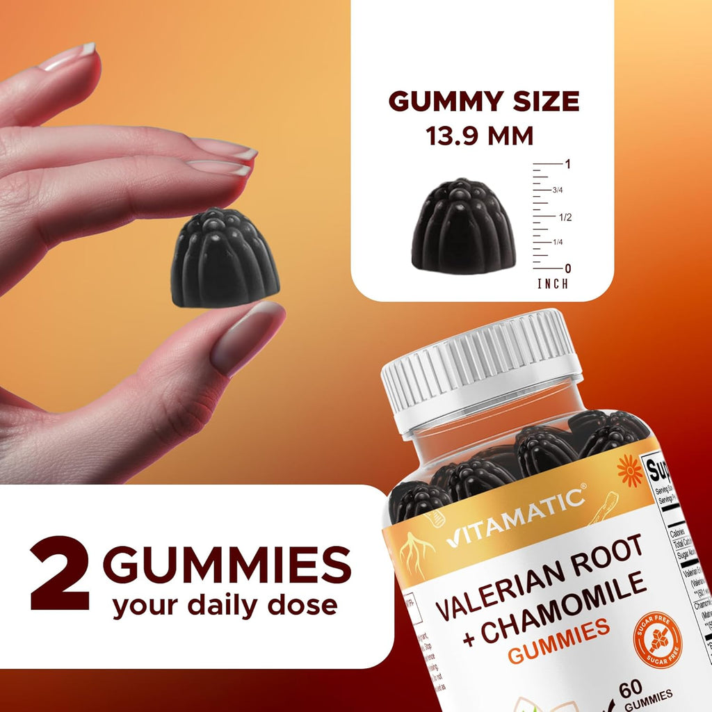 Vitamatic Valerian Root Chamomile Gummies – 6000 mg Equivalent Per Serving – Mixed Berry Flavor – 60 Gummies – Non-GMO, Gluten-Free – 30 Servings