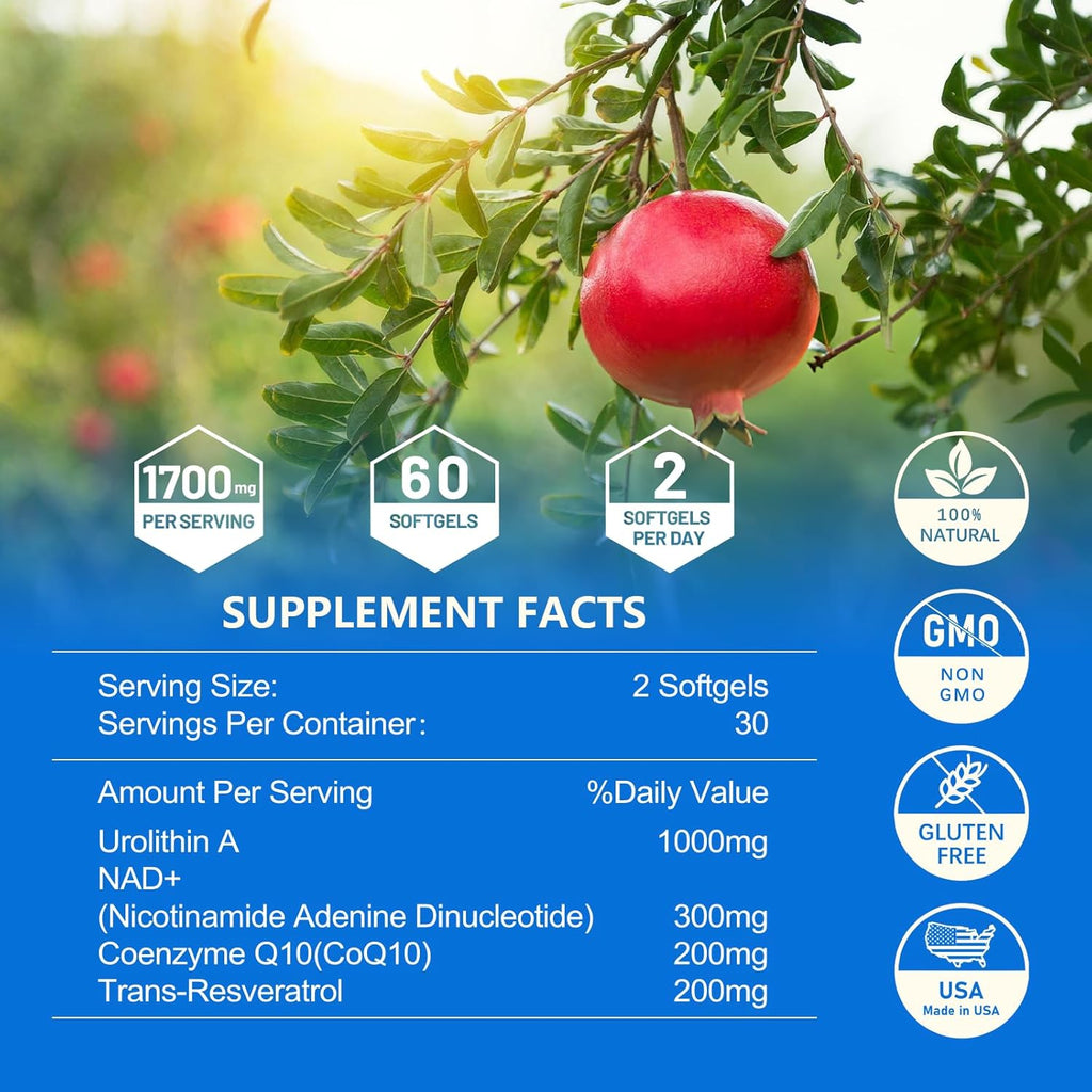 Urolithin A Supplement 1700mg with NAD+, CoQ10, Trans-Resveratrol Supplement for Men Women, 60 Softgels for Daily Health and Antioxidant Support, Muscle Energy, Healthy Aging, Highly Bioavailable
