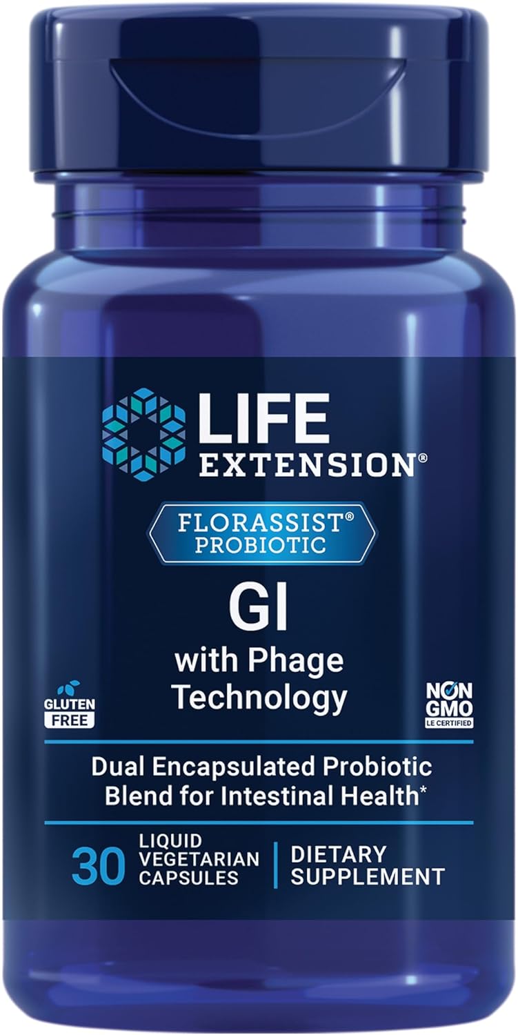 Life Extension FLORASSIST GI with Phage Technology, digestive health, probiotic support, nutrient absorption, 7 probiotic strains, bacteriophage blend, 30 liquid vegetarian capsules