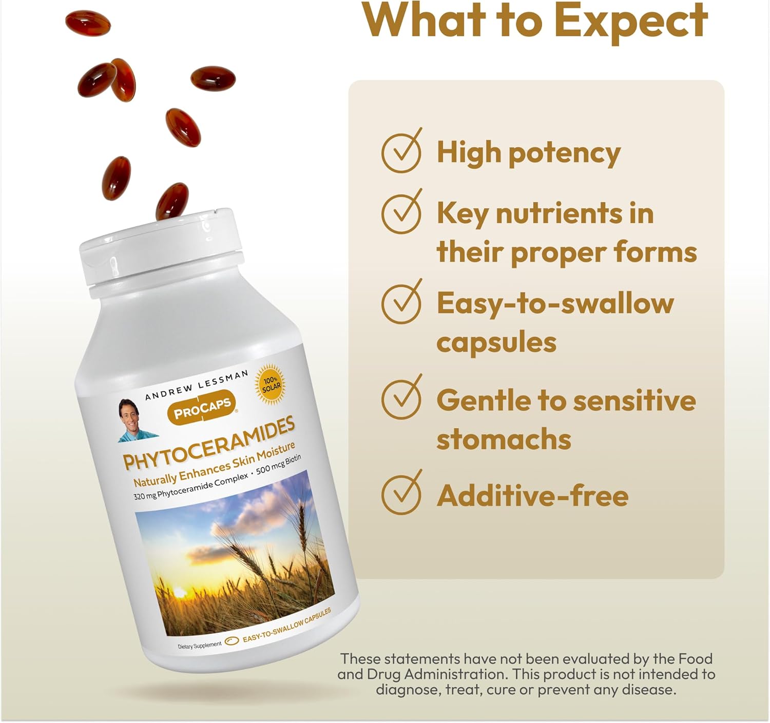 ANDREW LESSMAN Phytoceramides with Biotin 120 Softgels - Skin’s Vital Natural Internal Moisturizer. Naturally Enhances Soft, Smooth, Radiant Skin. No Additives. Small Easy to Swallow Softgels