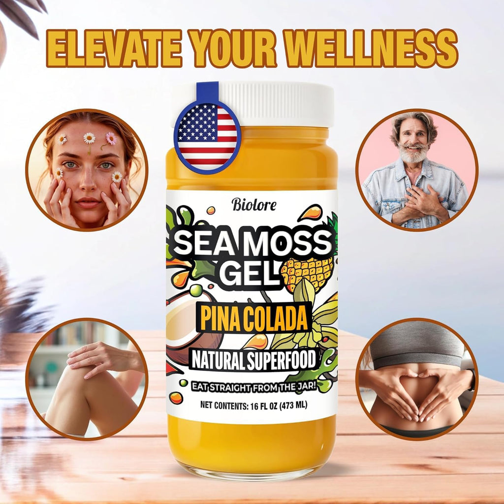 Biolore Pina Colada Sea Moss Gel 16 oz - No Added Sugar, Vegan, Made in USA - Wildcrafted Sea Moss Superfood with 92 Essential Vitamins - Ready to Use, No Prep Needed