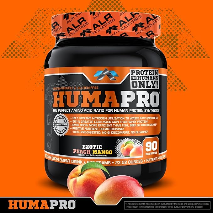 Humapro | Amino Acids Protein Matrix for Humans | 99% Utilization for Lean Muscle | Vegan, Gluten Free | 667g / 90 Servings (Exotic Peach Mango)