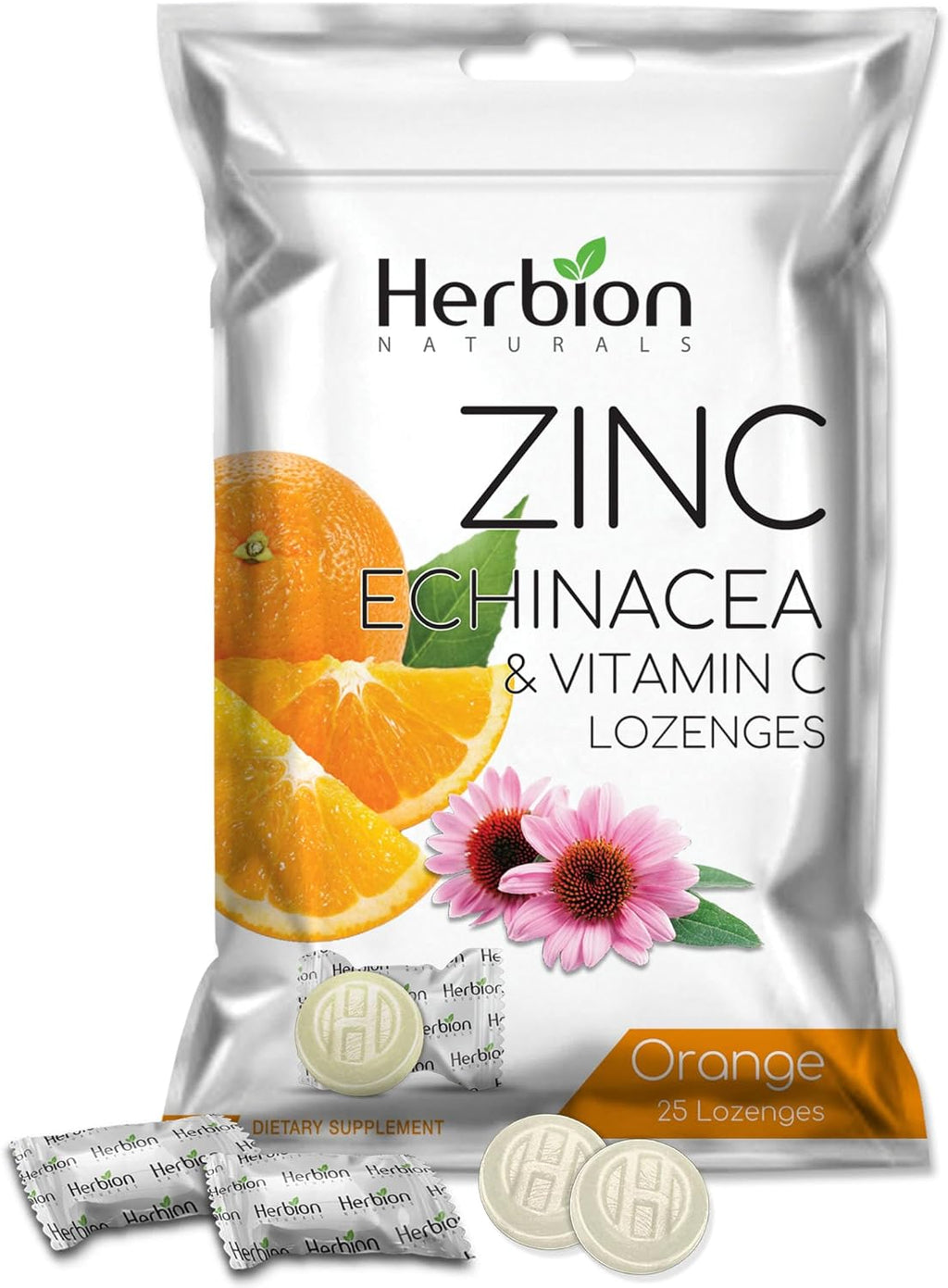 HERBION Naturals Zinc, Echinacea & Vitamin C Lozenges 25 CT, Dietary Supplement for Adults & Children 5+, Promotes Wellness for The Whole Family, 125 Count, Orange, Pack of 5