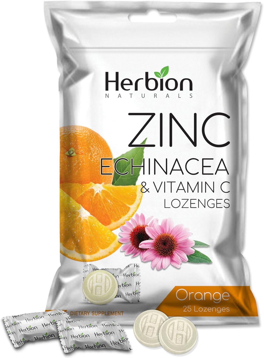 HERBION Naturals Zinc, Echinacea & Vitamin C Lozenges 25 CT, Dietary Supplement for Adults & Children 5+, Promotes Wellness for The Whole Family, 125 Count, Orange, Pack of 5