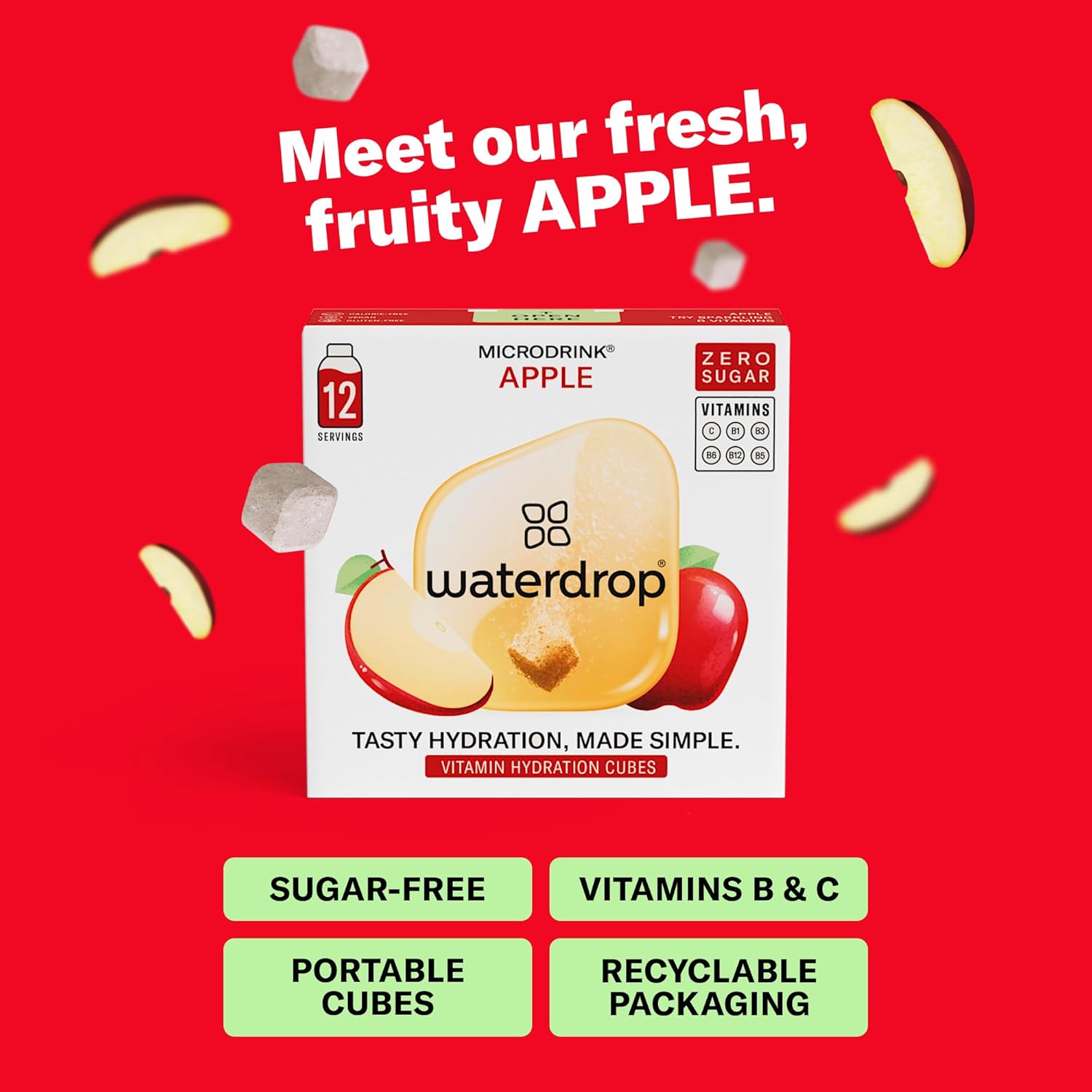 Waterdrop Hydration Cubes with Vitamin C, B3, B5 & Electrolytes, Apple Flavor, Flavored Water Enhancer Electrolyte Cubes for Still & Sparkling Water, Sugar Free, Low Calorie, On the Go, Vegan, 24 Ct