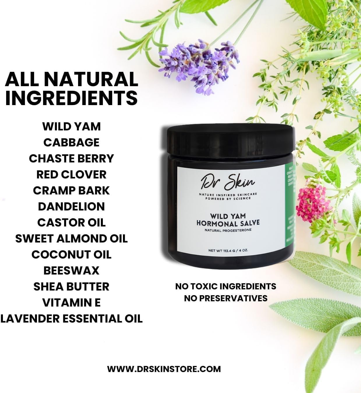 Dr. Skin Wild Yam Cream for Hormone Balance 4oz | 100% Organic Natural Menopause & Perimenopause Support, Herbal Yam Cream for Women PMS, Hot Flashes, Mood Swings, Night Sweats, Cramps Relief