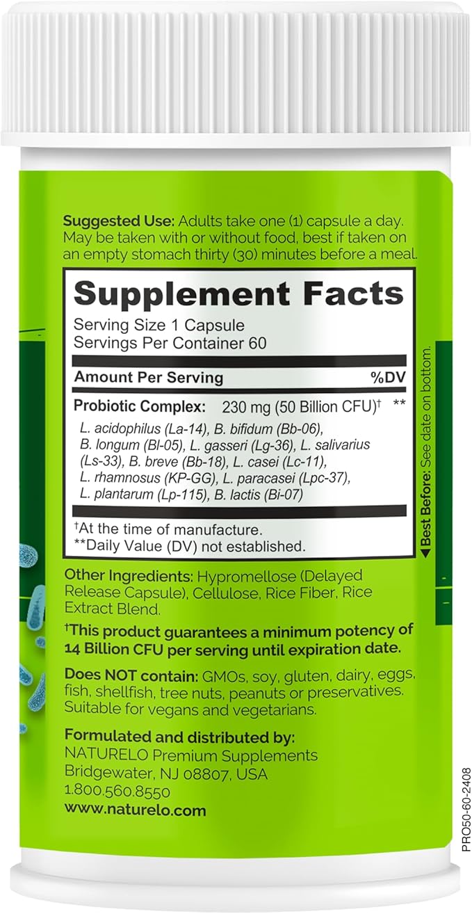 NATURELO Probiotics for Digestive Health, 50 Billion CFU, 60 Vegetarian Capsules, 11 Strains, Daily Use Supplement, Delayed Release, No-Fridge, Boosts Immune System, Probiotics for Women & Men