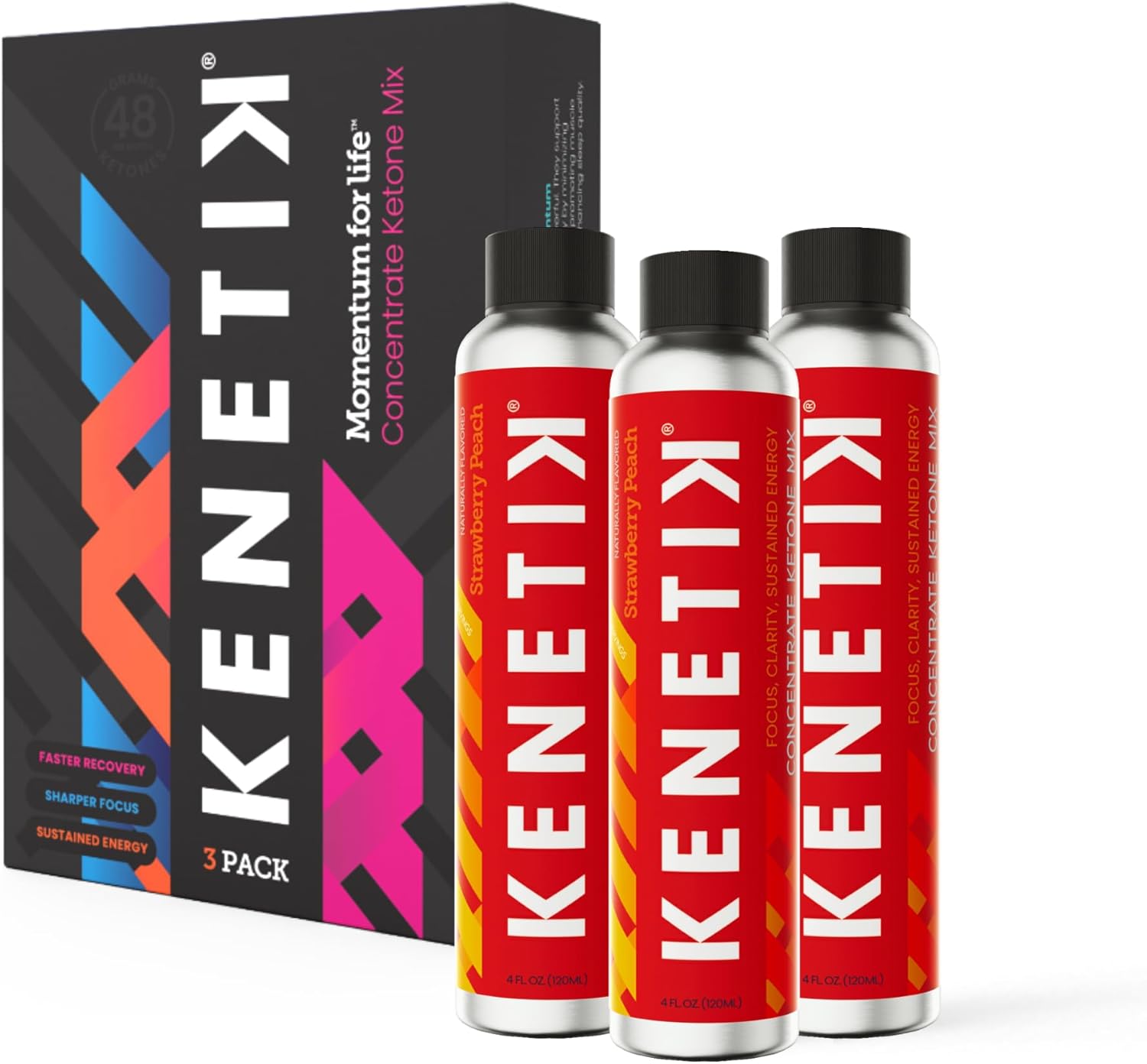 KENETIK Clean Energy Drink Mix, Sugar Free & Caffeine Free, Mental Focus, High Performance D-BHB, Strawberry Peach 3 Pack (12 Servings)