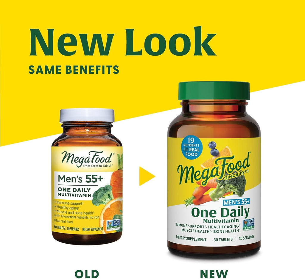 MegaFood Men's 55+ One Daily - Multivitamin for Men with Vitamin B12, C, D & Zinc - Optimal Aging & Immune Support Supplement - Vegetarian - Made Without 9 Food Allergens - 90 Tabs