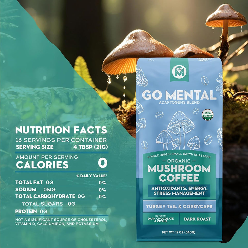 Organic Turkey Tail & Cordyceps Mushroom Coffee Dark Roast, Antioxidants, Immune System Support, overall wellness, Grade 1 Single Origin Peruvian | 12oz - Ground (2 Pack)
