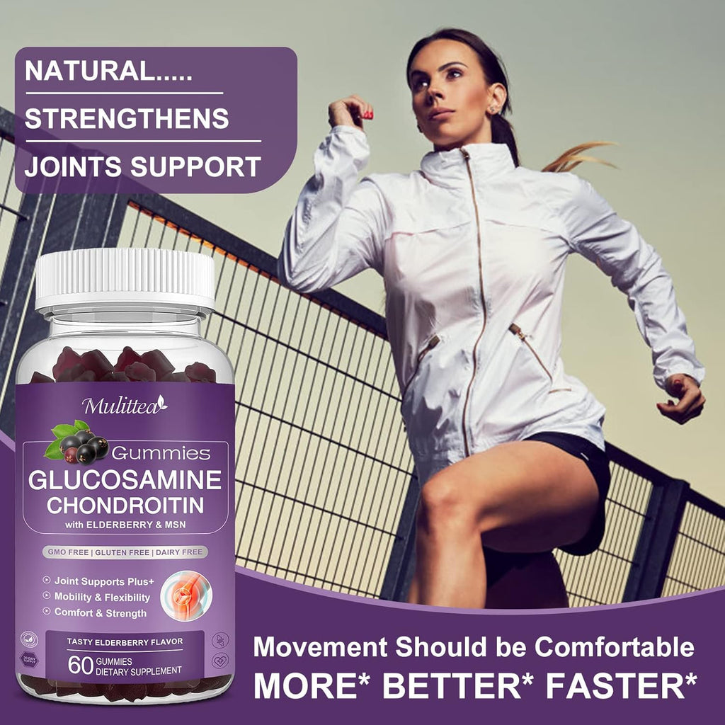 Mulittea Glucosamine Chondroitin Gummies - Extra Strength Joint Support Supplement with MSM & Elderberry for Natural Joint, Antioxidant Immune Support for Adults, Men & Women-(3 Pack)