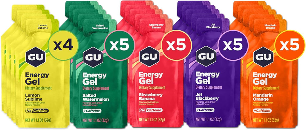 GU Energy Original Sports Nutrition Energy Gel, Vegan, Gluten-Free, Kosher, and Dairy-Free On-the-Go Energy for Any Workout, 24-Count, Assorted Fruity Flavors
