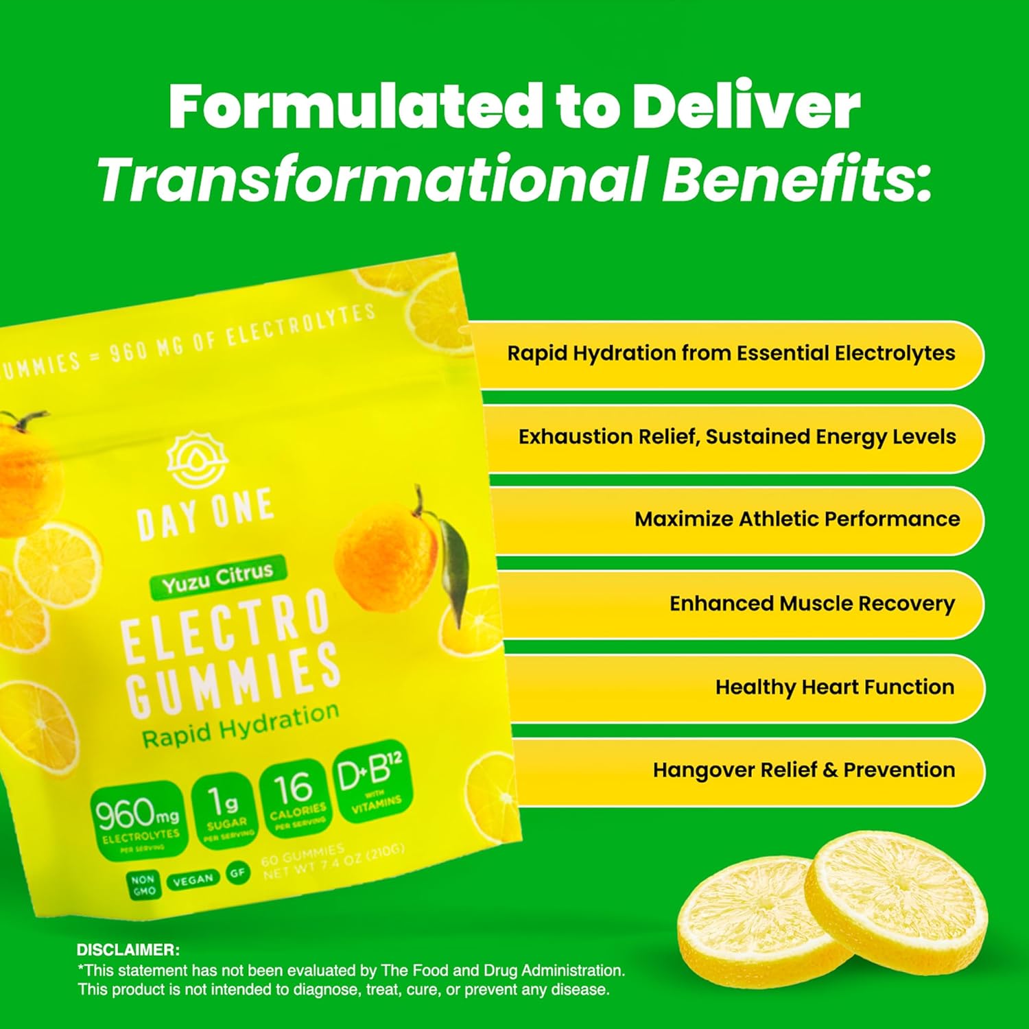 Day One Electrogummies - 60pcs. of Yuzu Citrus Flavored Electrolyte Gummies for Hydration and Recovery - Packed with Essential Electrolytes Ideal for Workouts, Running, Hiking and More
