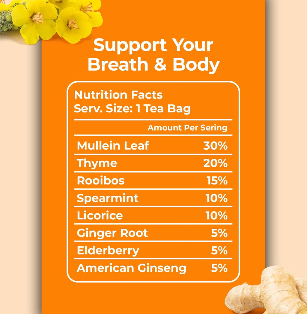 Tarbust Mullein Tea for Lungs Detox,20 Tea Bags, Organic Mullein Leaf Extract for Lungs Cleanse, Herbal Tea Bags for Smokers, Caffeine-Free Lung Detox for Smokers, Better Lungs Respiratory Support