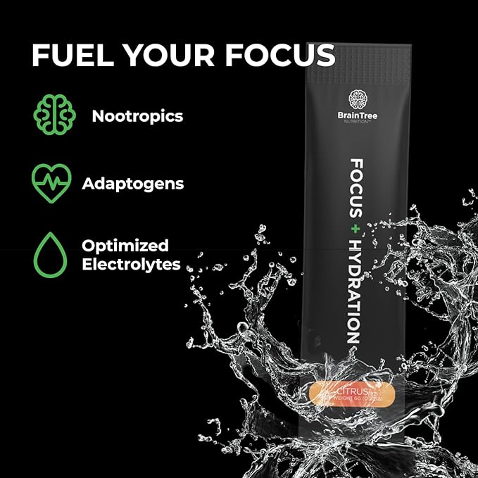 BrainTree Nutrition - Focus + Hydration - Electrolyte Drink Mix - Total Body Hydration - Supports Cognitive Function, Energy & Muscle Recovery - Sugar Free - Citrus - 30 Stick Packs