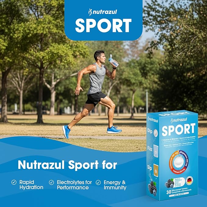 nutrazul Sports Effervescent Tablets, Electrolytes & 7 Vitamins & Minerals, Daily Hydration and Energy, Caffeine-Free, Blueberry & BlackBerry Flavor, 30 Count