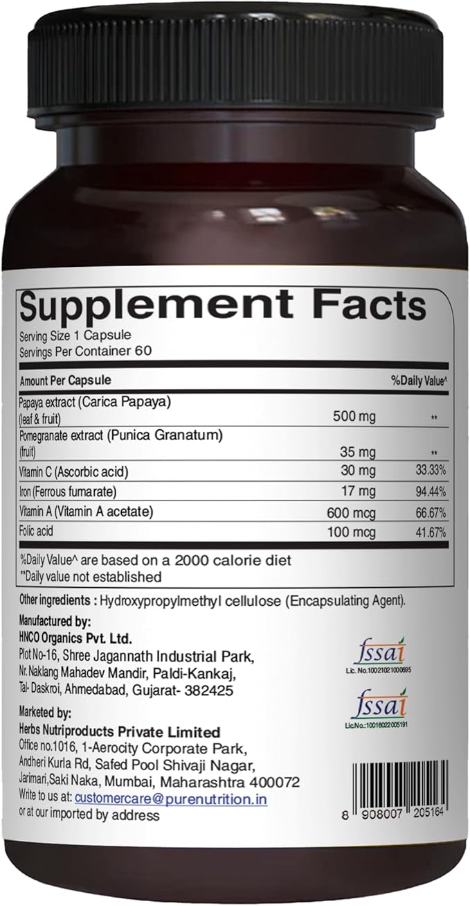 Pure Nutrition Papaya Complete - 60 Veg Capsules (Supports Platelet Immunity & Digestion) Each Capsule Contains 500mg Carica Papaya Fruit and Leaf Extract. Non-GMO | Gluten-Free