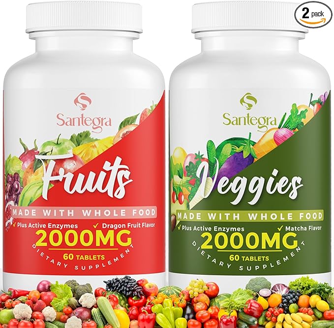 2000 MG Fruit and Veggies Supplement, 35+ Fruits and Vegetables for Daily Variety, 100% Whole Food Superfoods, Natural Vitamins for Women & Men, Sugar-Free, Gluten-Free, Vegan, 120 Tablets